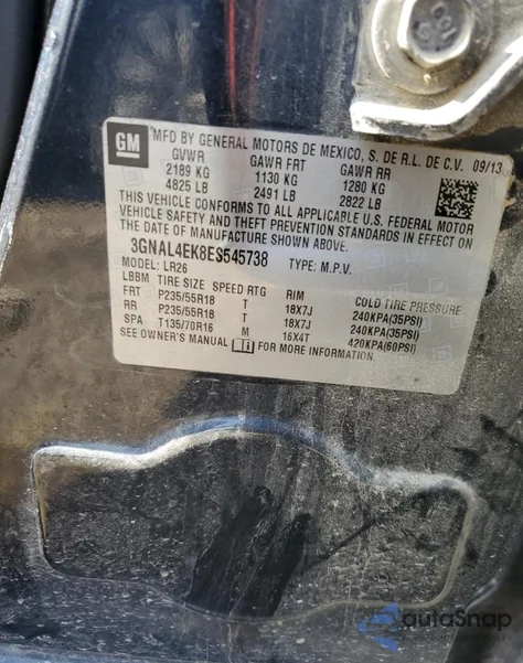 2014 Chevrolet Captiva Ltz z USA, uszkodzony, nr VIN 3GNAL4EK8ES545738